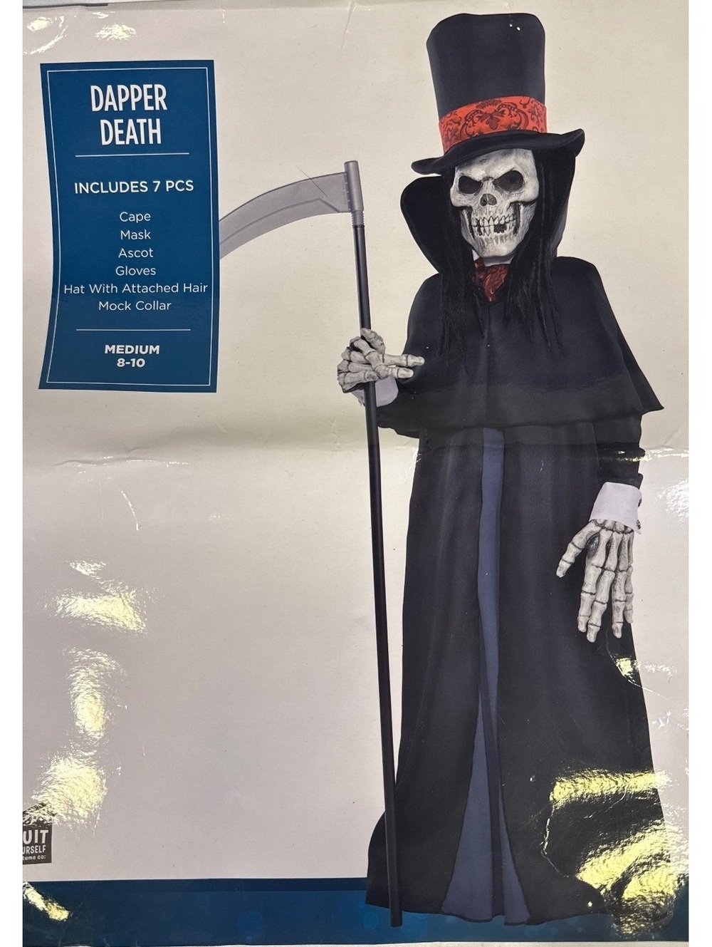 Dapper Death Halloween Costume Set Medium 8-10 7 Pieces Cape Mask Ascot Gloves